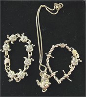 2 Sterling Biker Hog Bracelets & Pendant Necklace