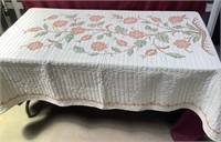 Vntg Summer Wt Hand Quilted & Embroidered Quilt
