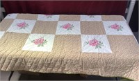 Hand Quilted & Embroidered Pink/Beige Green Quilt