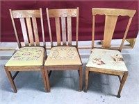 Three Vintage Oak Chairs, Two Crosstitch Cushions