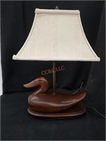 Carved Wood and Brass Duck Lamp