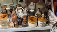 LARGE SHELF LOT OF ASSORTED POTTERY AND STONEWARE