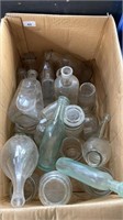 BOX LOT OF ASSORTED GLASS BOTTLES, JARS AND