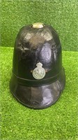1920'S LEATHER POLICE HELMET WITH NEW BADGE