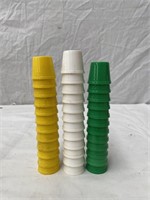 36 x green, white & yellow plastic oil bottle caps