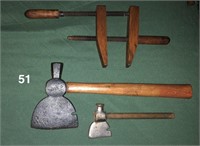 Lot: two small hatchets & a small wooden screw cla