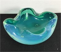 OPALESCENT TEAL GLASS BOWL PINCHED