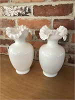 Pair of White Glass Ruffled Top Vases