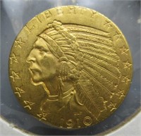 1910 $5 gold Indian head.