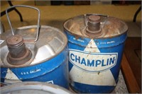 Champlin oil Cans (5 Gallon) w/spouts -Metal cans