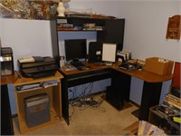 Corner Desk, Computer Monitor, Lamp, Router