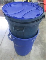 (2) Rubbermaid plastic garbage cans with lids.