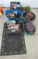 Group of garden items including flags, decorative