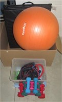 Group of workout items including yoga mat,