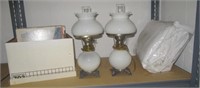 (2) Milk glass lamps, king size comforter, box of