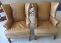 Pair of Pottery barn brown leather wingback