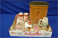 Steins, Candlestick Holders, Tin Can & Goblets