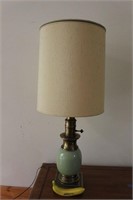 Large Mid-Century Green Glass/Brass Lamp