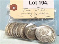 15 asst. 1964 silver Kennedy 1/2 dollars