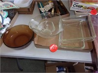 CHIP AND DIP BOWL, 2 PYREX CASSEROLE PANS AND