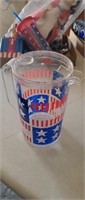 FOURTH OF JULY PITCHER, GLASS WITH STRAW, CANDLE