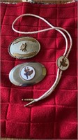 2 SQUARE DANCING BELT BUCKLES AND BOLO NECKTIE