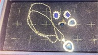 NECKLACE AND EARRINGS -  BLUE STONE - OUTLINED IN