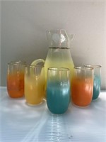 Mid Century Pitcher & 6 Glasses multi color