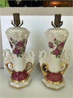 Vintage Swan & Roses signed Pair of Lamps
