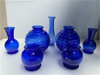 Vtg Cobalt Blue Vases (7) Pc
