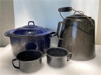 Vtg Enamel Ware Coffee pot cups & Blue roaster