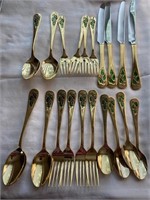 Gold Green Christmas Flatware service for 4