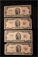 4 Pcs 1953 US $2 Red Seal Bank Notes