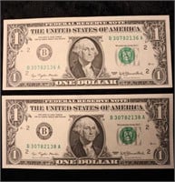 2 Pcs 1977 US $1 Bank Notes