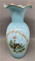 Blue Opalescent Quilted Scenic Vase 12"