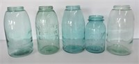 (5) Vintage Blue Jars. Includes: Masons and Ball