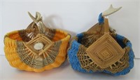(2) Handmade Orange and Blue Antler Baskets by