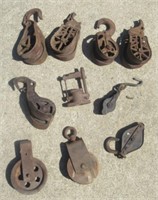 (10) Antique Cast and Wood Barn Pulleys. Marked