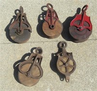 (5) Antique Wood Cast Barn Pulleys. Marked 104,