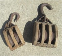 (2) Antique Wood Barn Pulleys. (1) Three Wheeled.