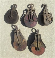 (5) Antique Barn Pulleys. Marked 236, 383, Etc.
