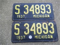 Pair of Matching 1937 Michigan License Plates.