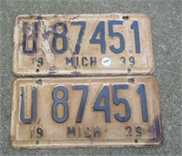 Pair of Matching 1939 Michigan License Plates.