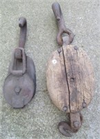 Large Antique Barn Pulley with Double Hooks.