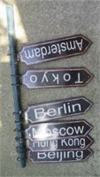 Metal Pole with tin Signs. Includes: Tokyo,