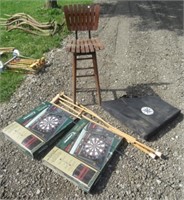 Wood Slat Chair, Dart Boards, Crutches, Etc.