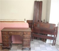 Pair of twin beds, kneehole desk, bench