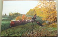 o/c painting- Blackbirds in tree and village scene