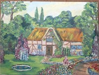 oil on canvas panel-English Cottage with flowers