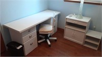 WHITE OFFICE FURNITURE: DESK, CHAIR, 2 CABINETS